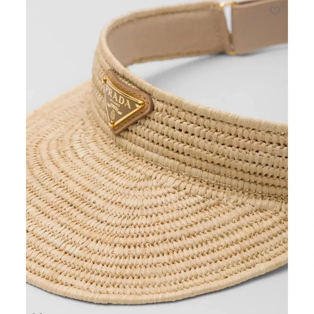 Prada Natural Straw Visor with Gold Triangle Logo